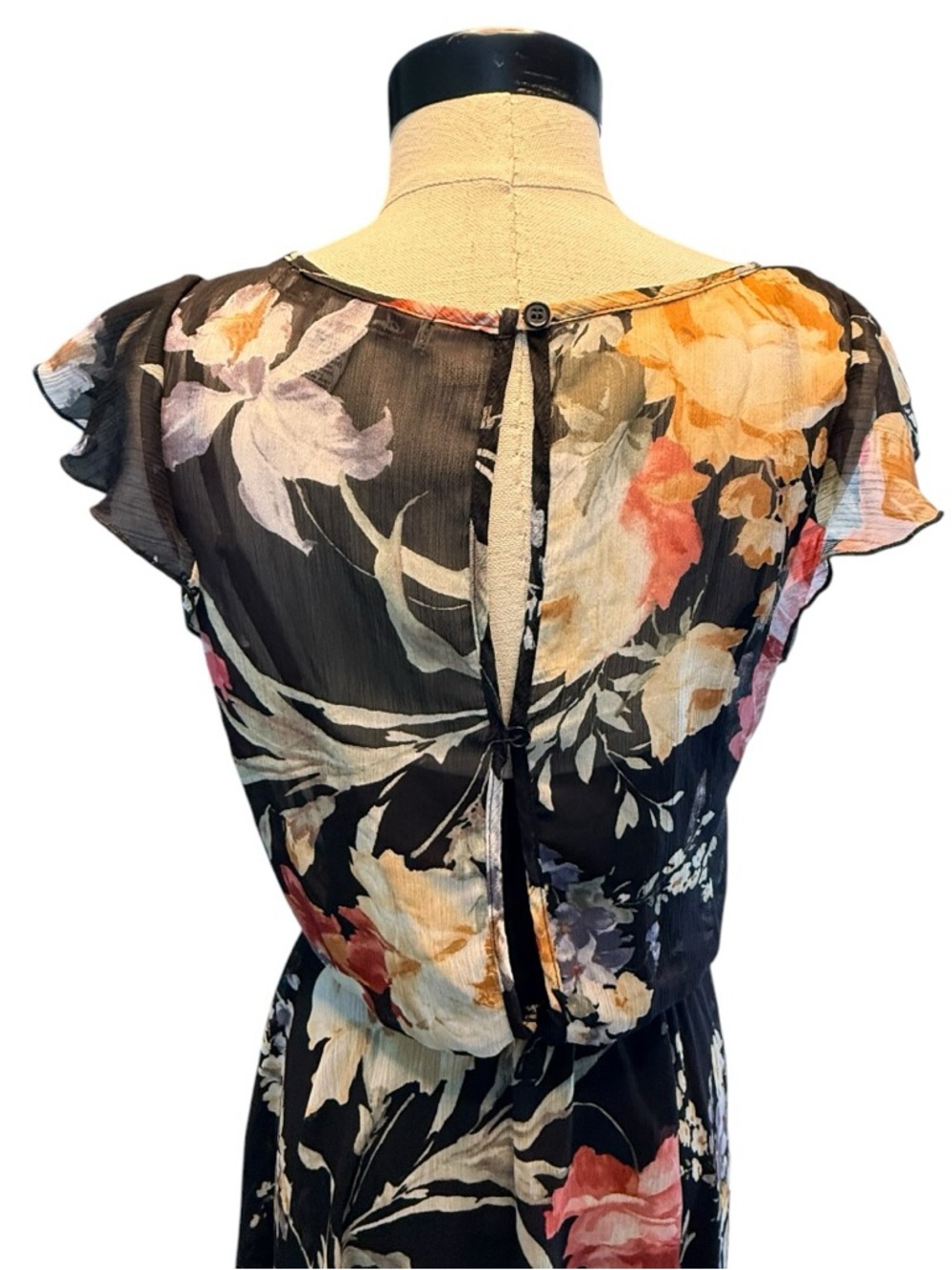 American Rag Floral Sheer Dress Boho Cottagecore Flutter Sleeve Handkerchief Hem - Picture 6 of 11